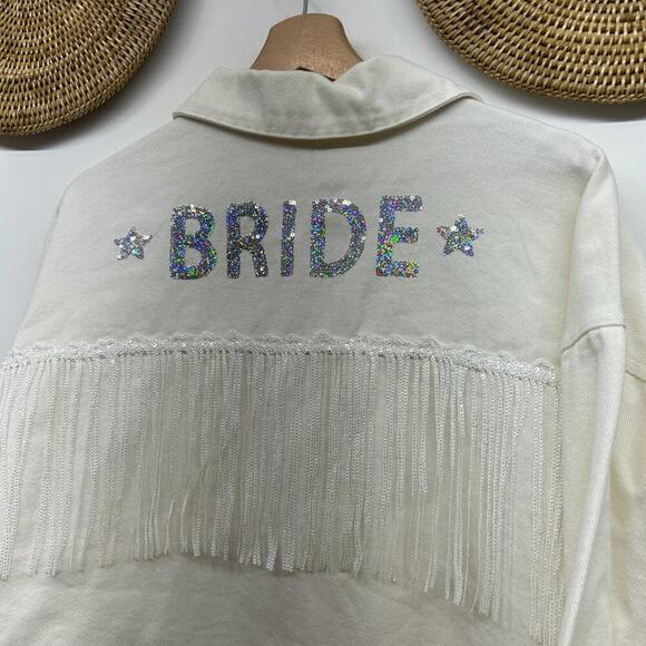 Buckle Peach Love White Sequins Fringe BRIDE Denim Jean Jacket Large Bridal - Picture 6 of 7
